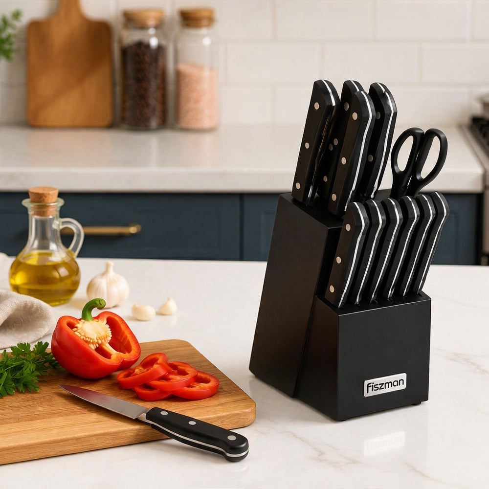 Set 11 Cuchillos Profesionales Yasumoto + Tijeras de Cocina y Base Madera Fissman