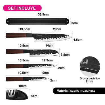 Set 4 cuchillos de cocina Kendo + Afilador y Barra magnética Fissman