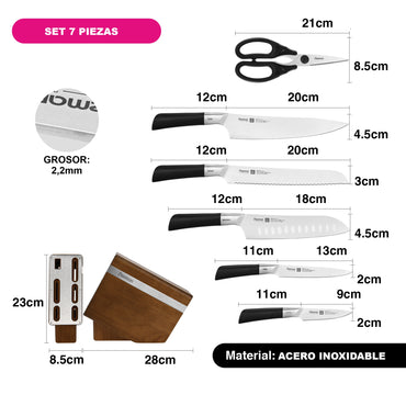 Set de 6 cuchillos Diletto + Tijeras y Base Madera Fissman