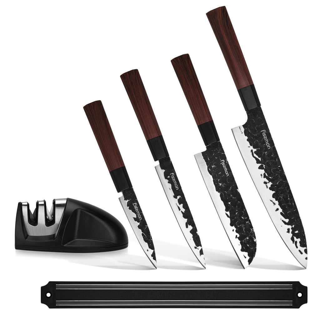 Set 4 cuchillos de cocina Kendo + Afilador y Barra magnética Fissman