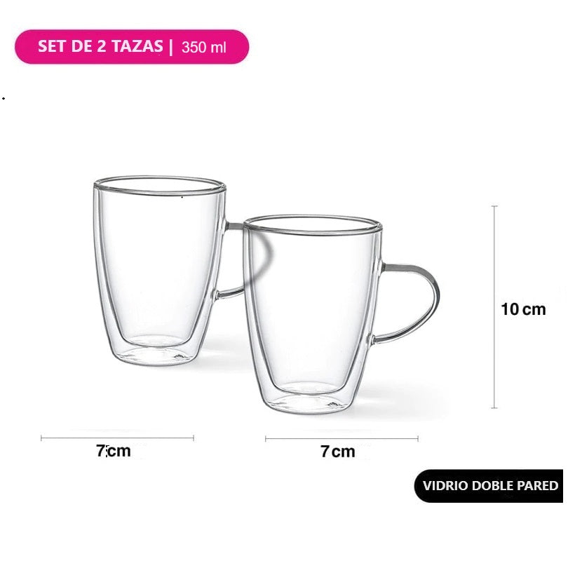 Set De 2 Tazas Doble Pared Vidrio Templado 350ml Fissman