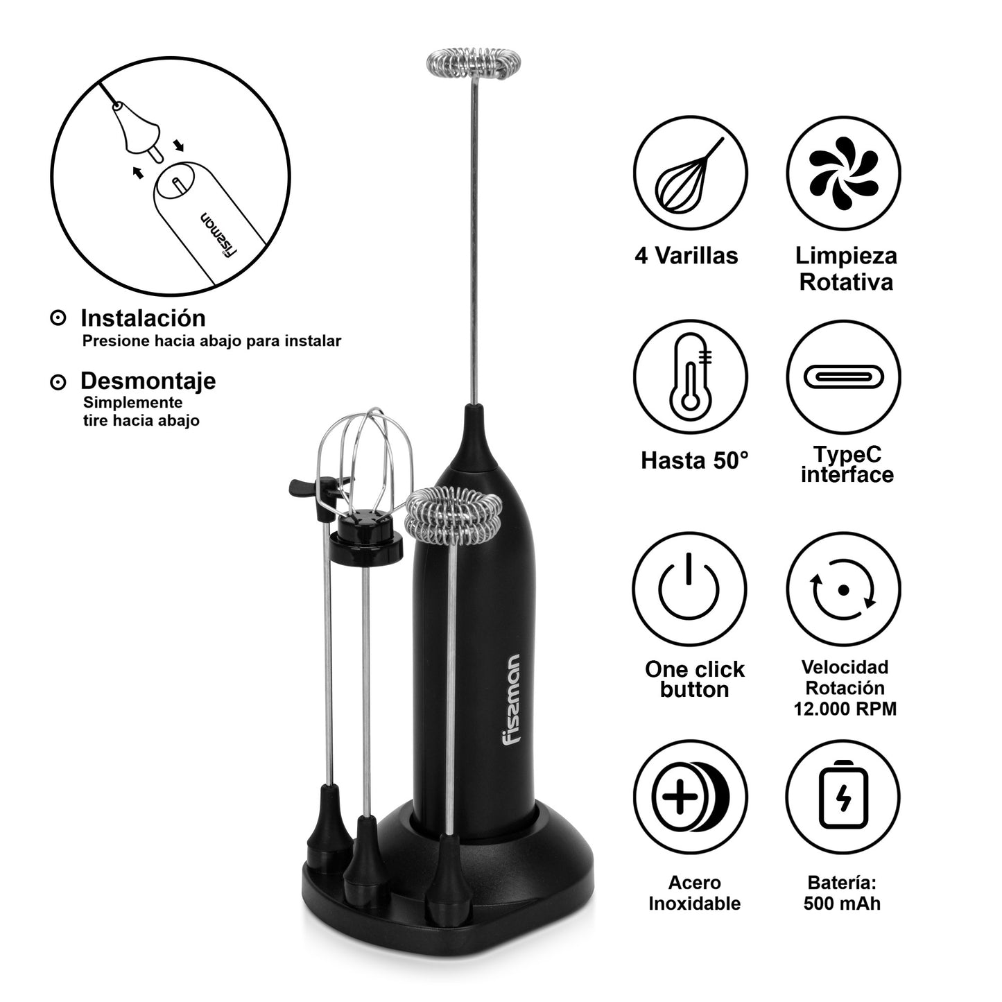 Mini Espumador Batidor Negro Portátil USB Fissman