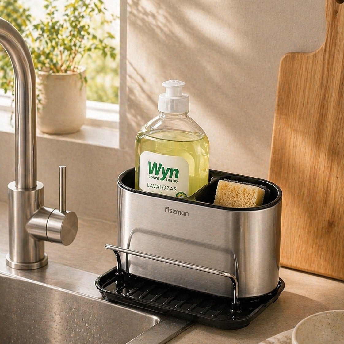 Portaesponja + Portalavalozas Gris con Negro 18x12x13cm Fissman