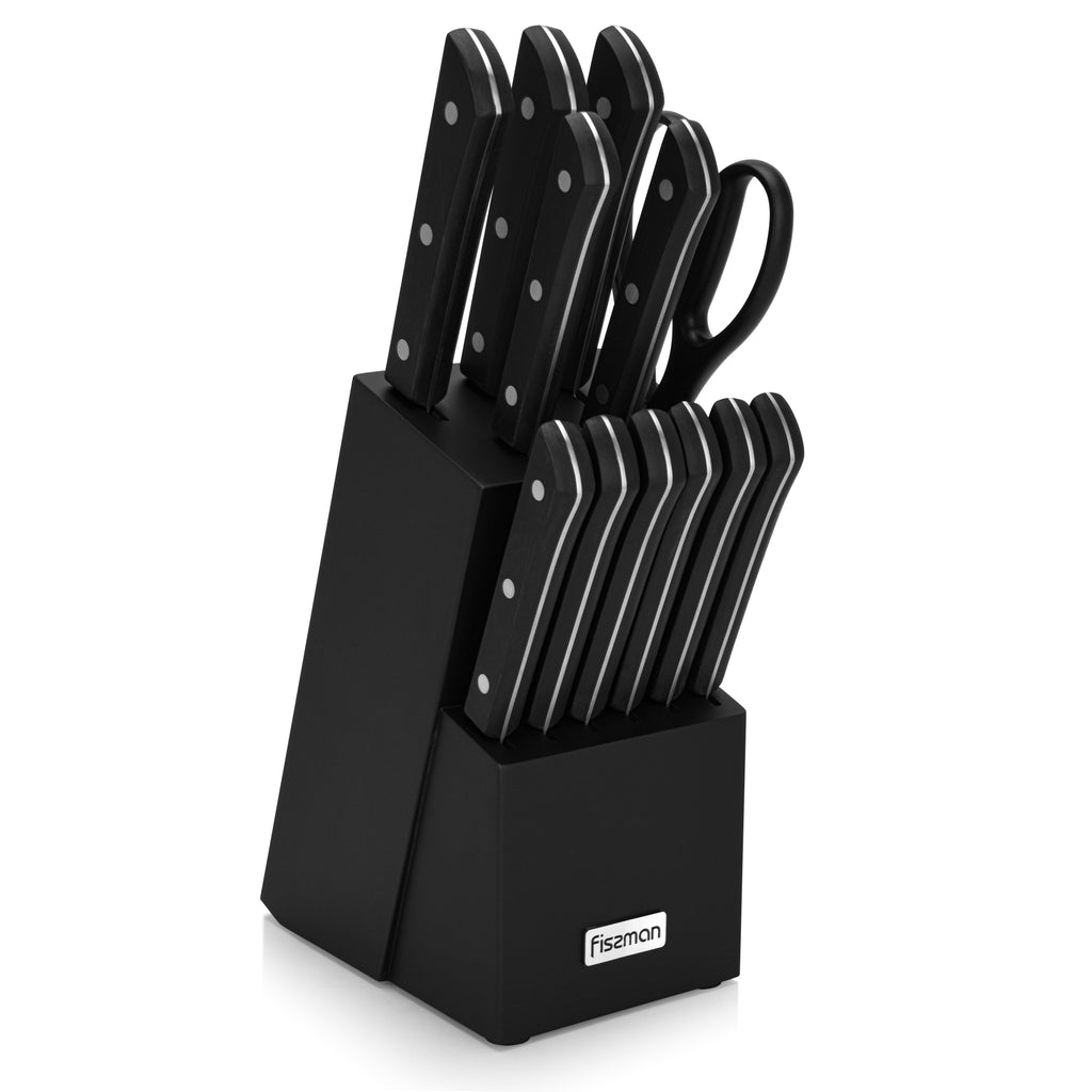 Set 11 Cuchillos Profesionales Yasumoto + Tijeras de Cocina y Base Madera Fissman