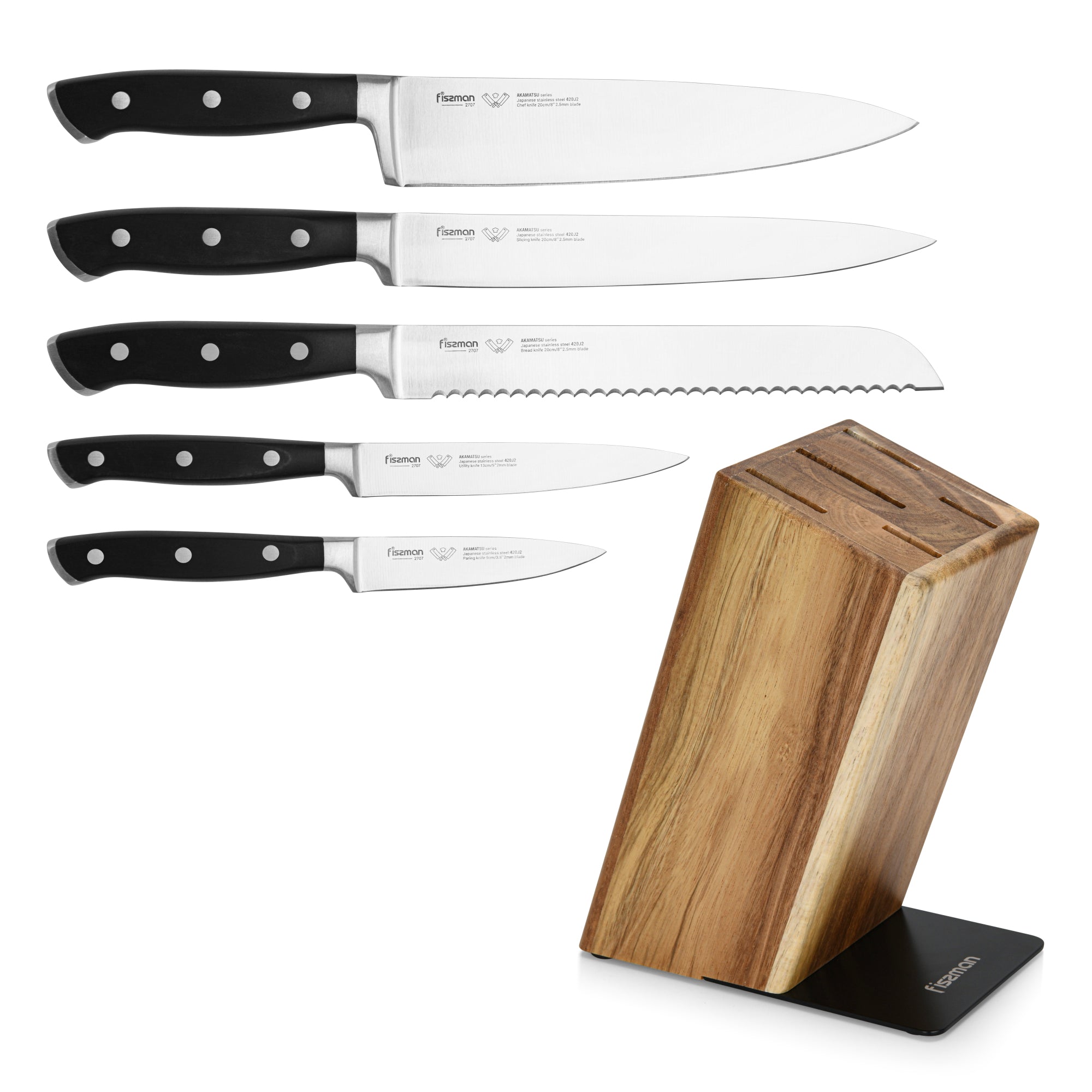 Set 5 Cuchillos Profesionales Akamatsu + Base Madera Fissman