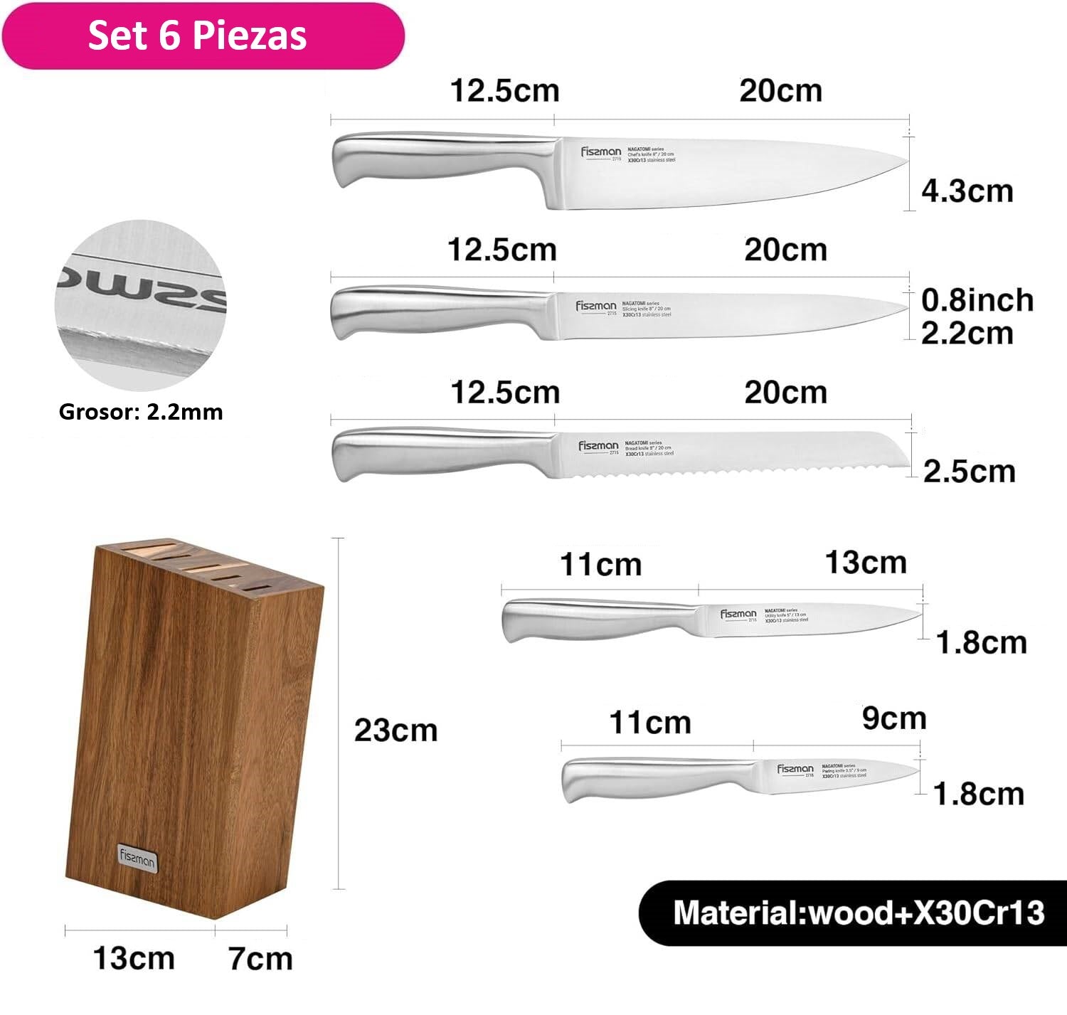 Set 5 Cuchillos Nagatomi + Base De Madera Fissman