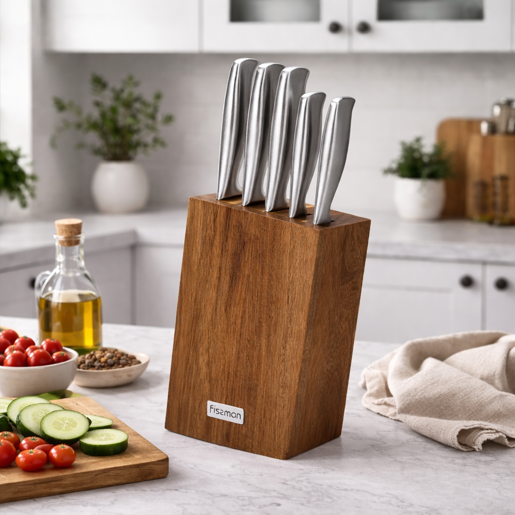 Set 5 Cuchillos Nagatomi + Base De Madera Fissman