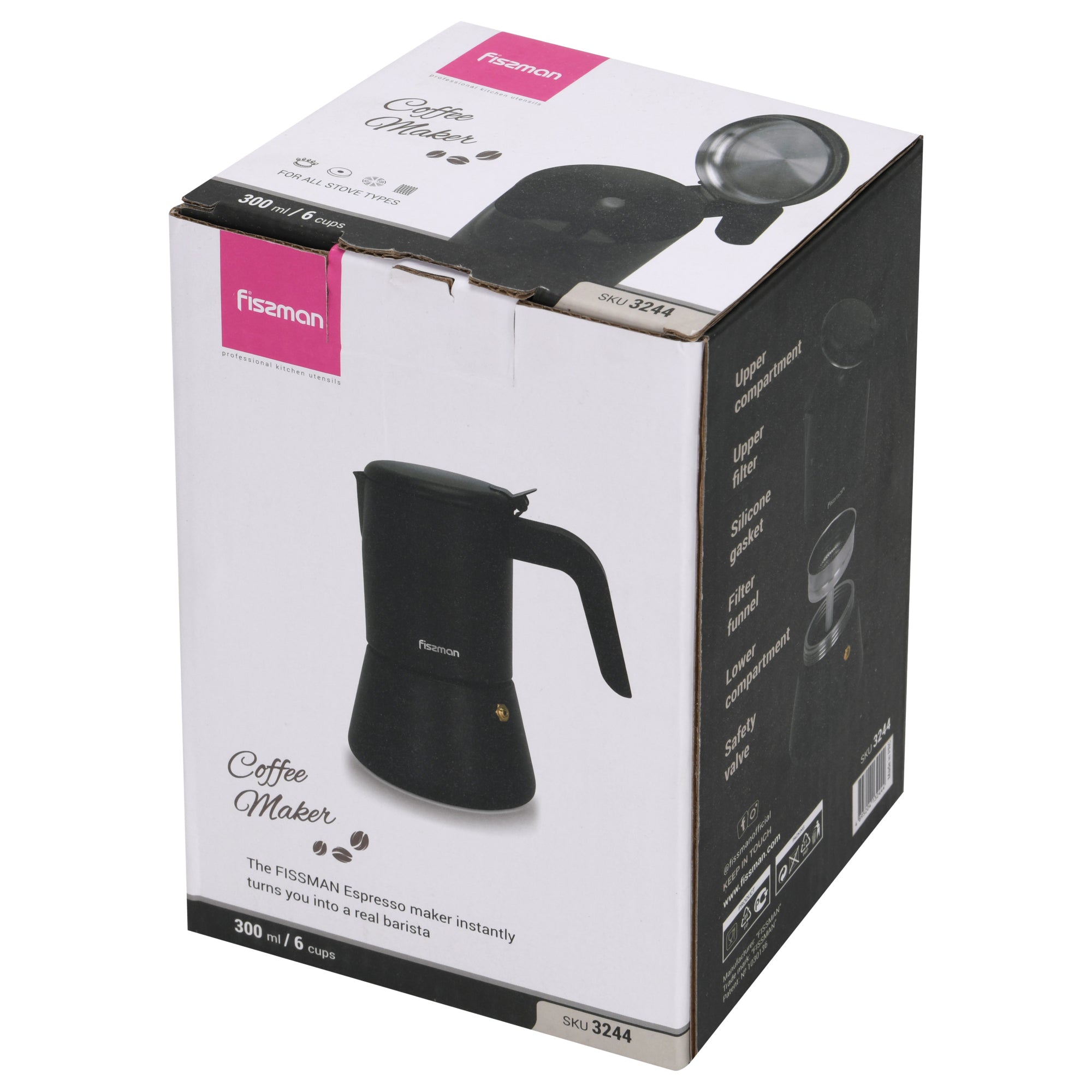 Cafetera Italiana Geyser Negra 300ml | 6 Tazas Fissman