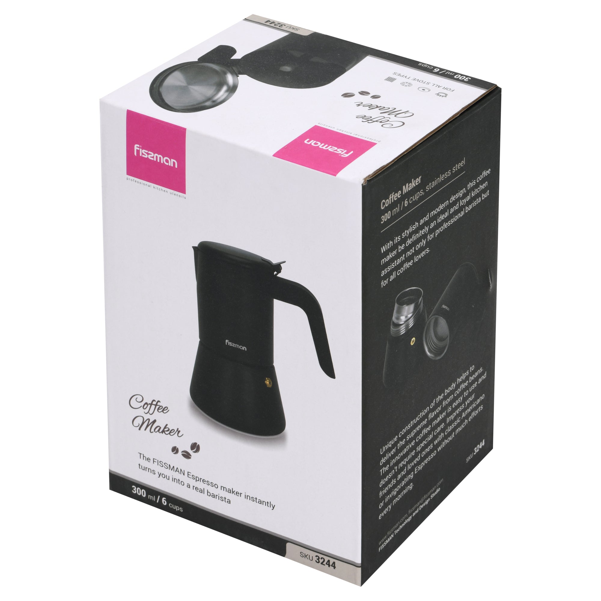 Cafetera Italiana Geyser Negra 300ml | 6 Tazas Fissman