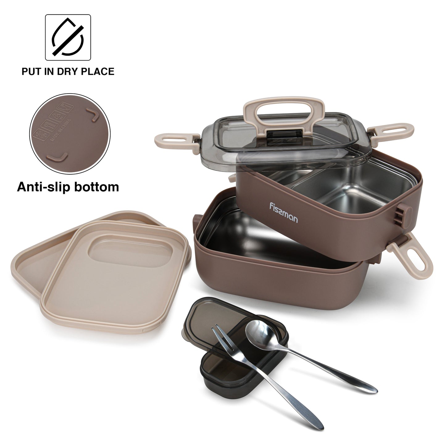 Contenedor Tupper Premium Bento Box Doble 1800ml Brown Fissman