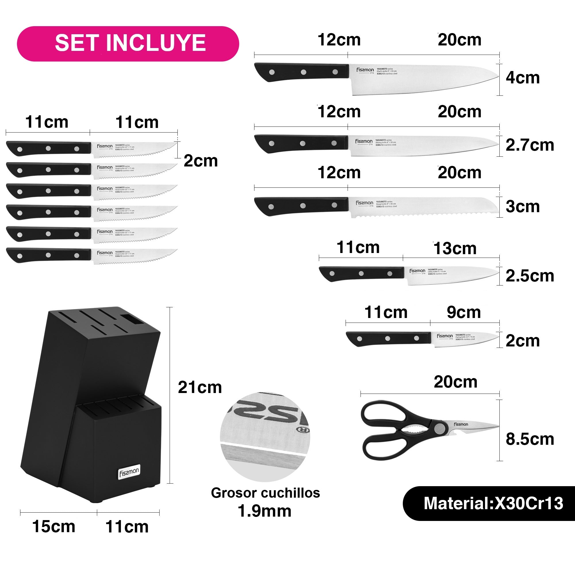 Set 11 Cuchillos Profesionales Yasumoto + Tijeras de Cocina y Base Madera Fissman