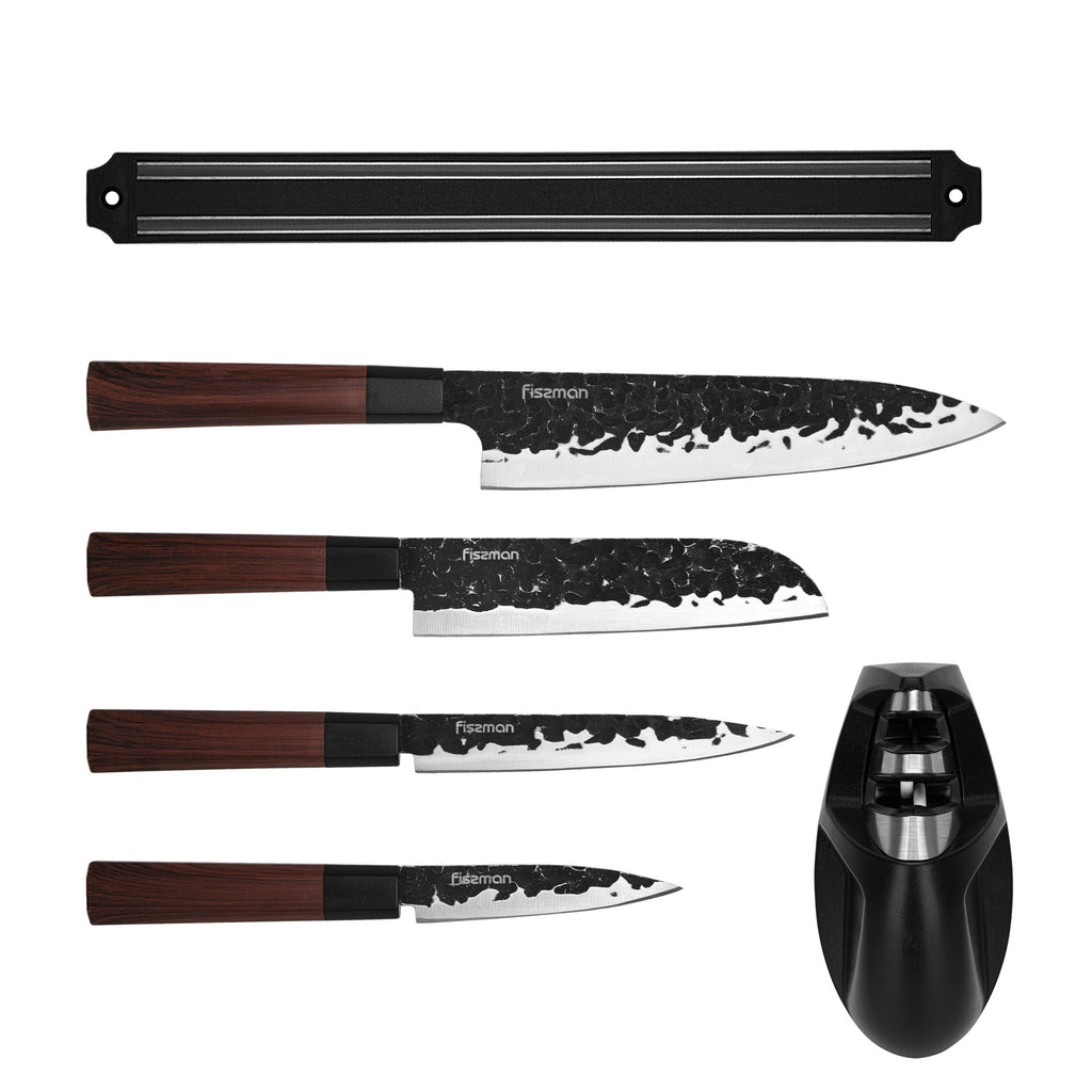 Set 4 cuchillos de cocina Kendo + Afilador y Barra magnética Fissman