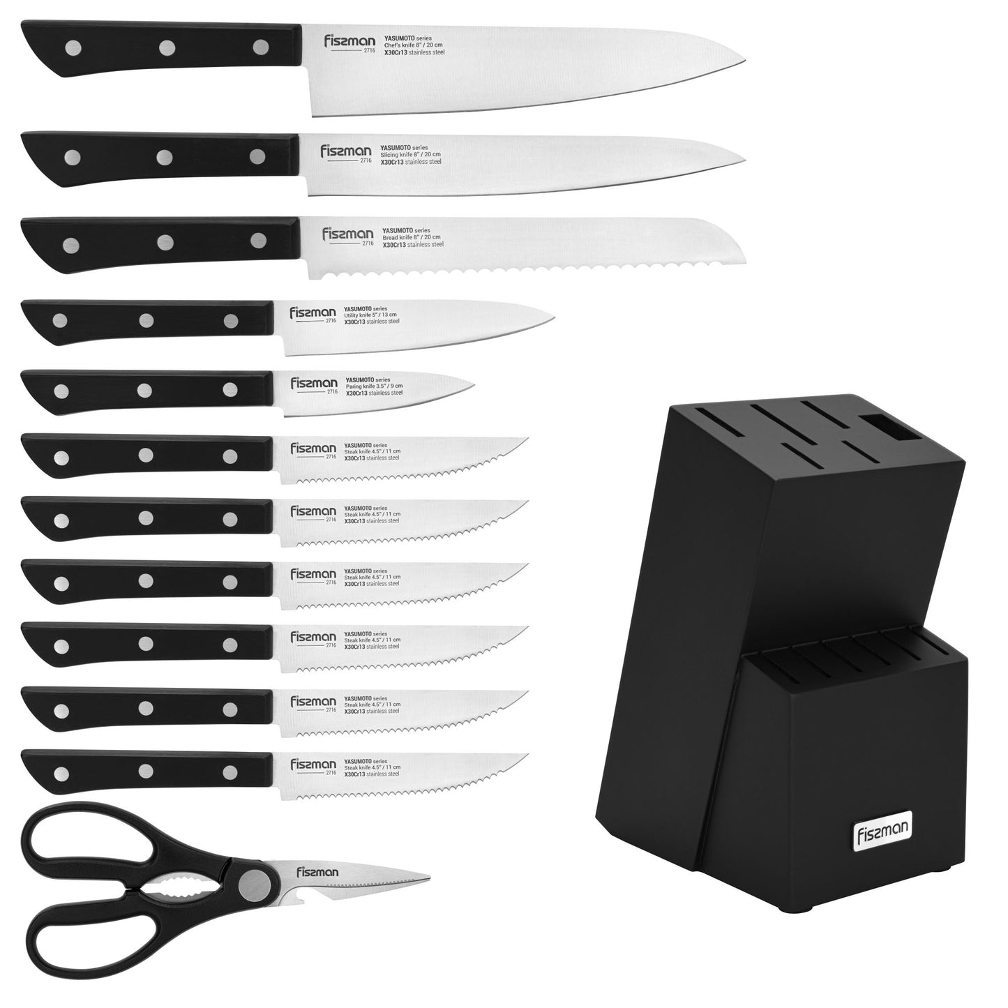 Set 11 Cuchillos Profesionales Yasumoto + Tijeras de Cocina y Base Madera Fissman