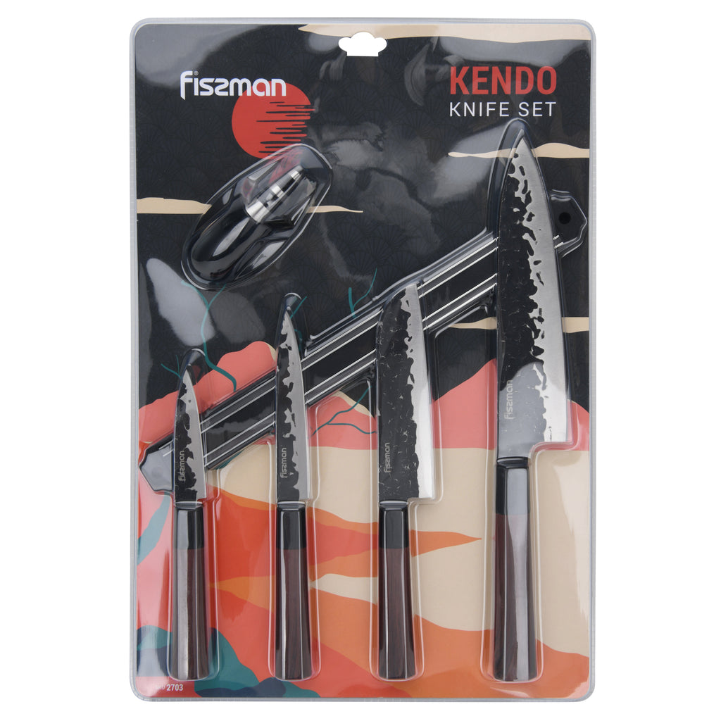 Set 4 cuchillos de cocina Kendo + Afilador y Barra magnética Fissman