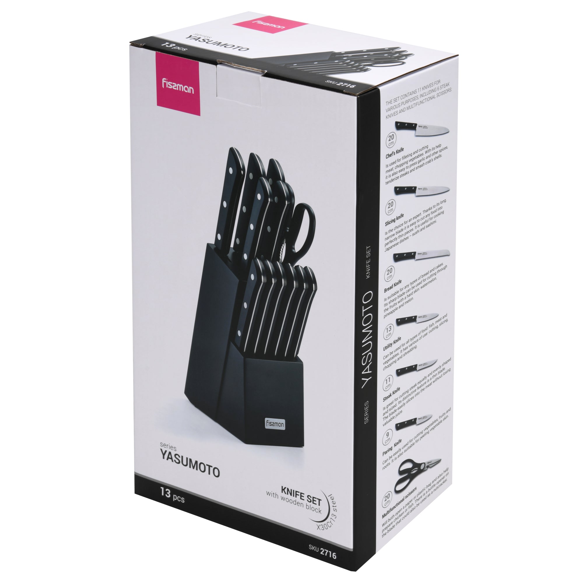 Set 11 Cuchillos Profesionales Yasumoto + Tijeras de Cocina y Base Madera Fissman