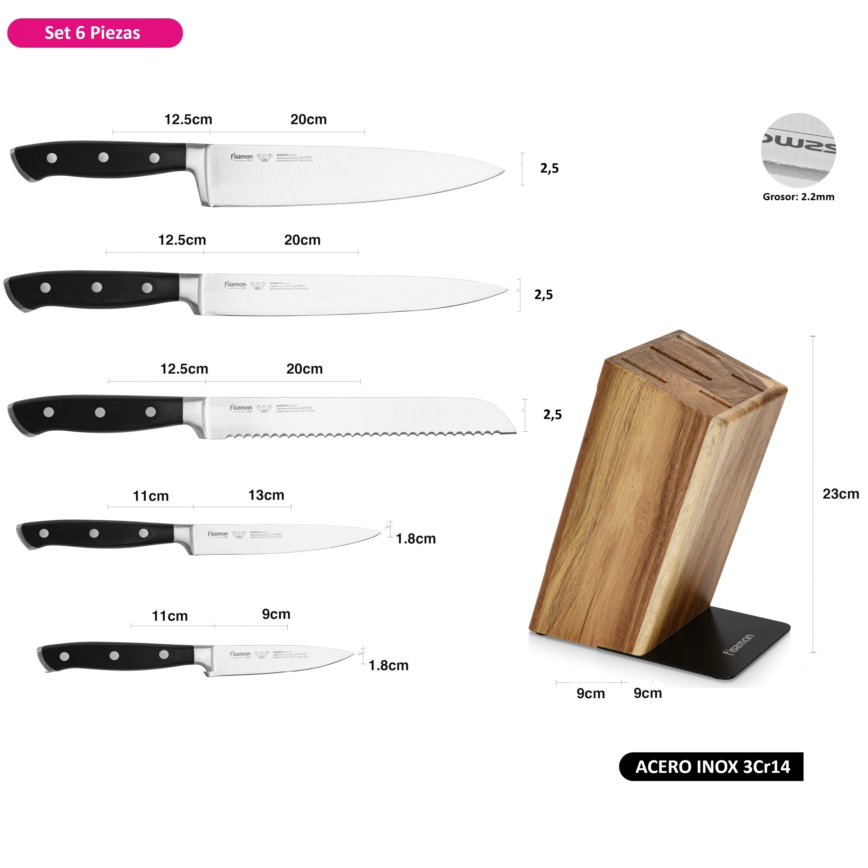 Set 5 Cuchillos Profesionales Akamatsu + Base Madera Fissman