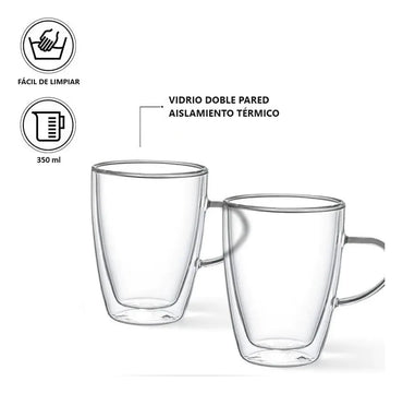 Set De 2 Tazas Doble Pared Vidrio Templado 350ml Fissman